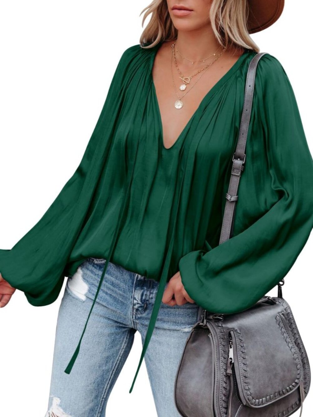 Womens Sexy Deep V Neck Blouse Bell Long Sleeve Satin Flowy Tops